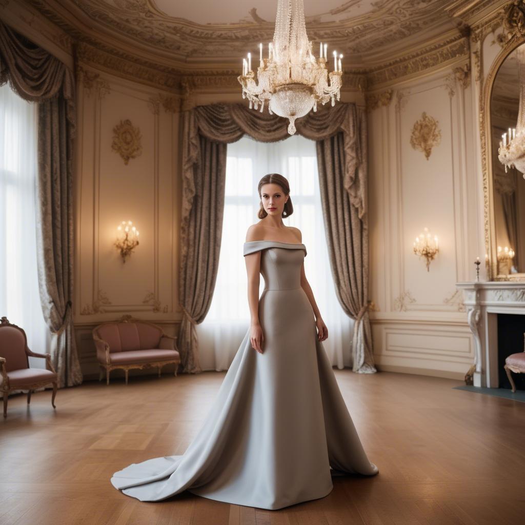 A stunning image of austrian elegance in a grand ballroom donning a sophisticated off-the-shoulder dress.
