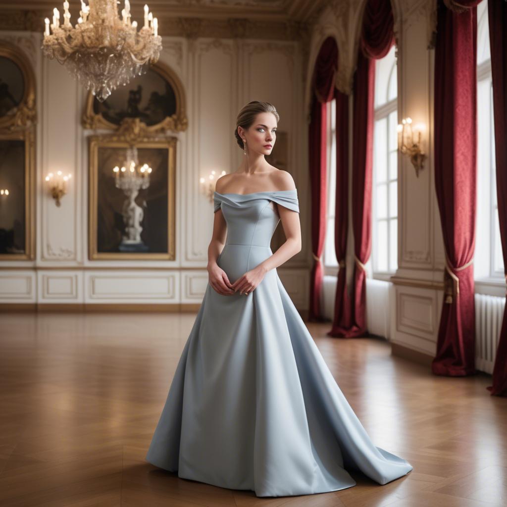 A stunning image of austrian elegance in a grand ballroom donning a sophisticated off-the-shoulder dress.