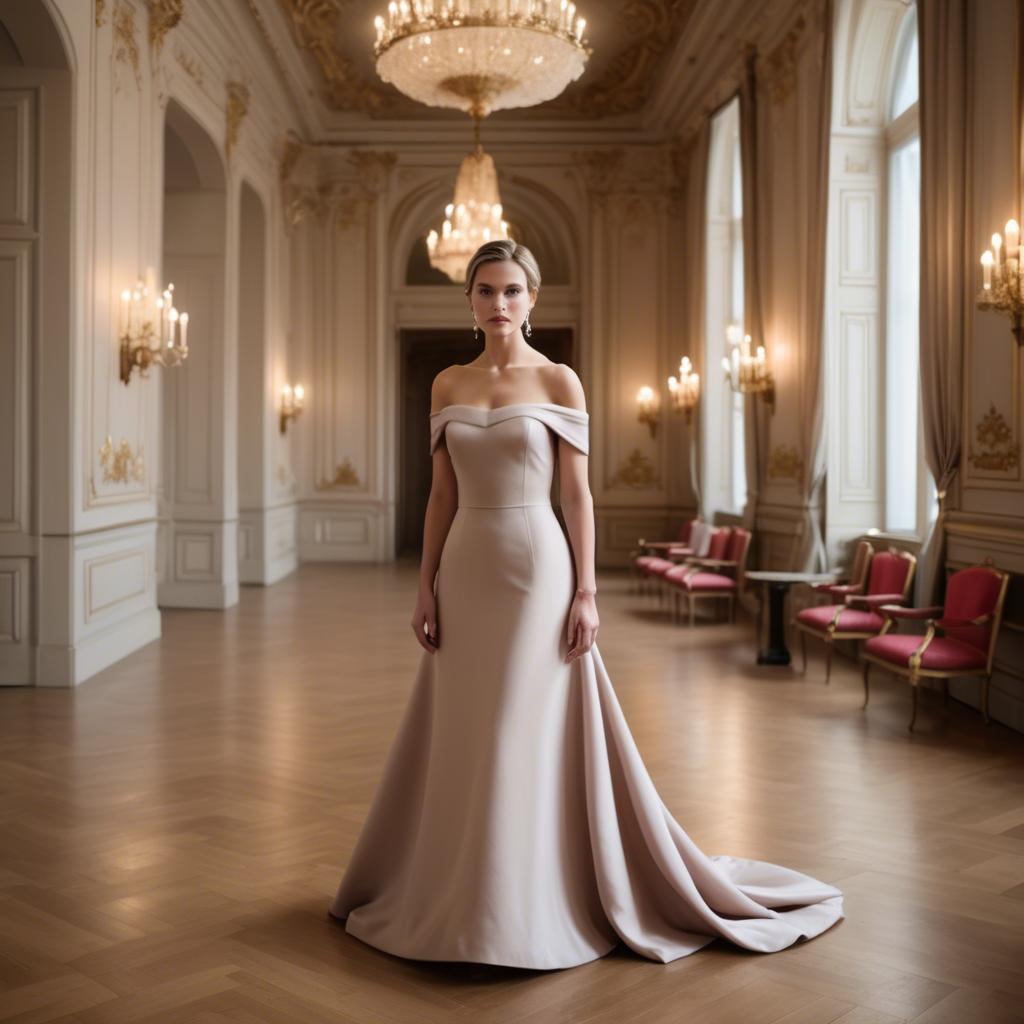 A stunning image of austrian elegance in a grand ballroom donning a sophisticated off-the-shoulder dress.