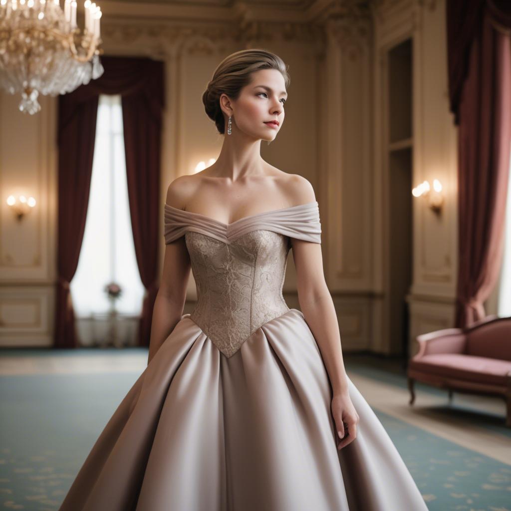 A stunning image of austrian elegance in a grand ballroom donning a sophisticated off-the-shoulder dress.