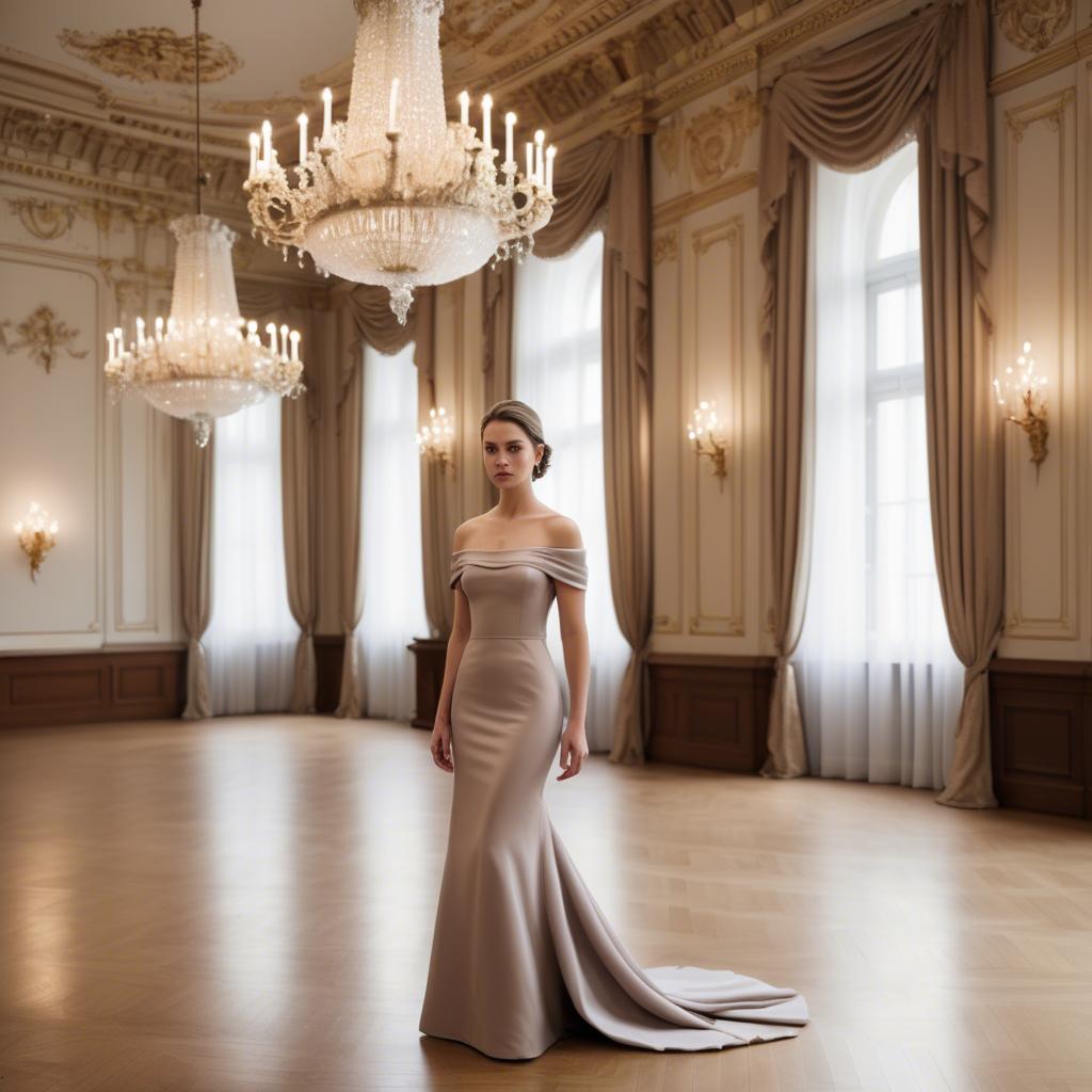 A stunning image of austrian elegance in a grand ballroom donning a sophisticated off-the-shoulder dress.