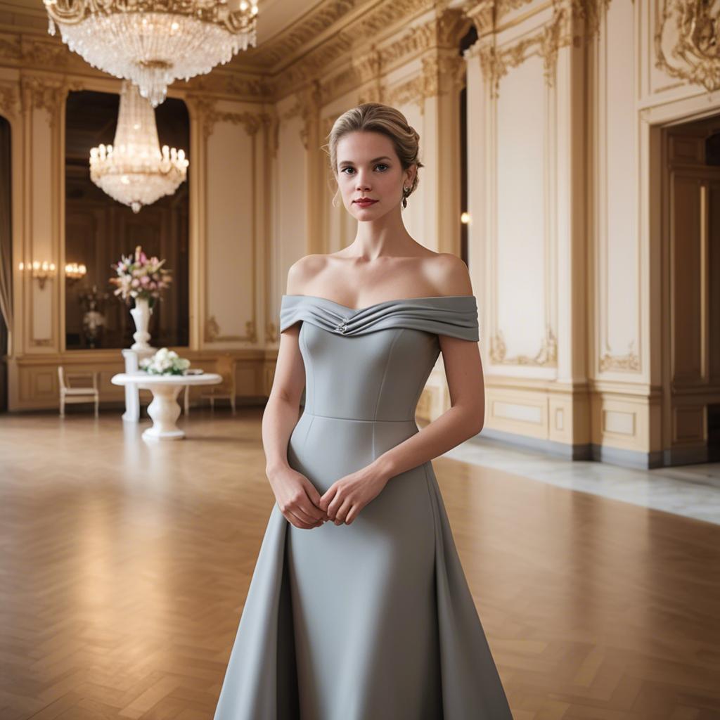 A stunning image of austrian elegance in a grand ballroom donning a sophisticated off-the-shoulder dress.