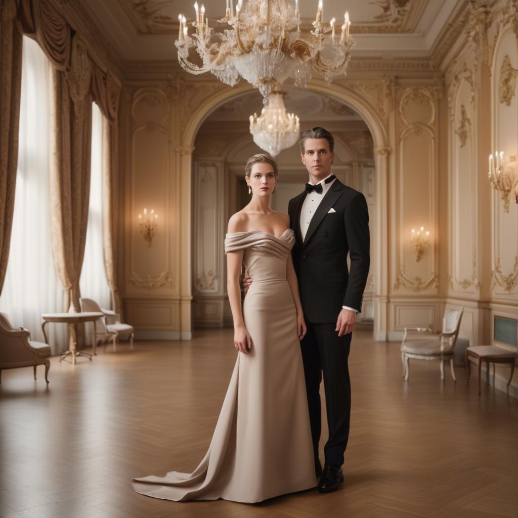 A stunning image of austrian elegance in a grand ballroom donning a sophisticated off-the-shoulder dress.