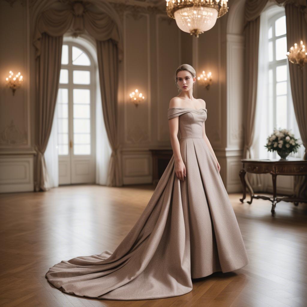 A stunning image of austrian elegance in a grand ballroom donning a sophisticated off-the-shoulder dress.