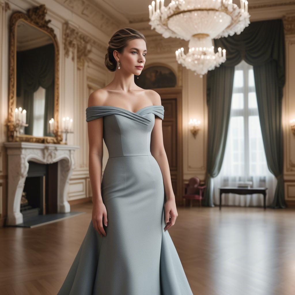 A stunning image of austrian elegance in a grand ballroom donning a sophisticated off-the-shoulder dress.
