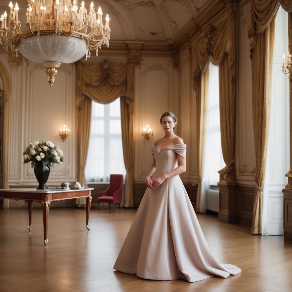 A stunning image of austrian elegance in a grand ballroom donning a sophisticated off-the-shoulder dress.