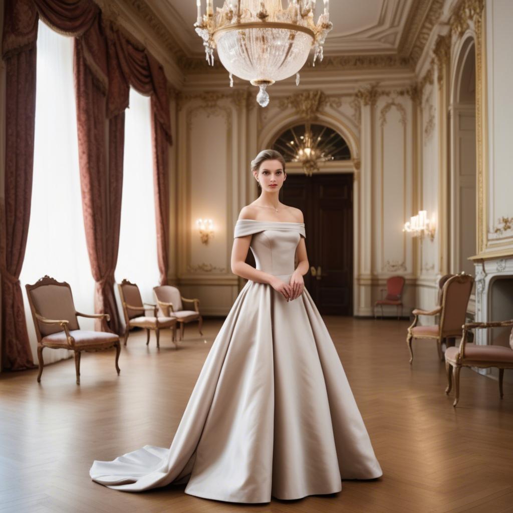 A stunning image of austrian elegance in a grand ballroom donning a sophisticated off-the-shoulder dress.