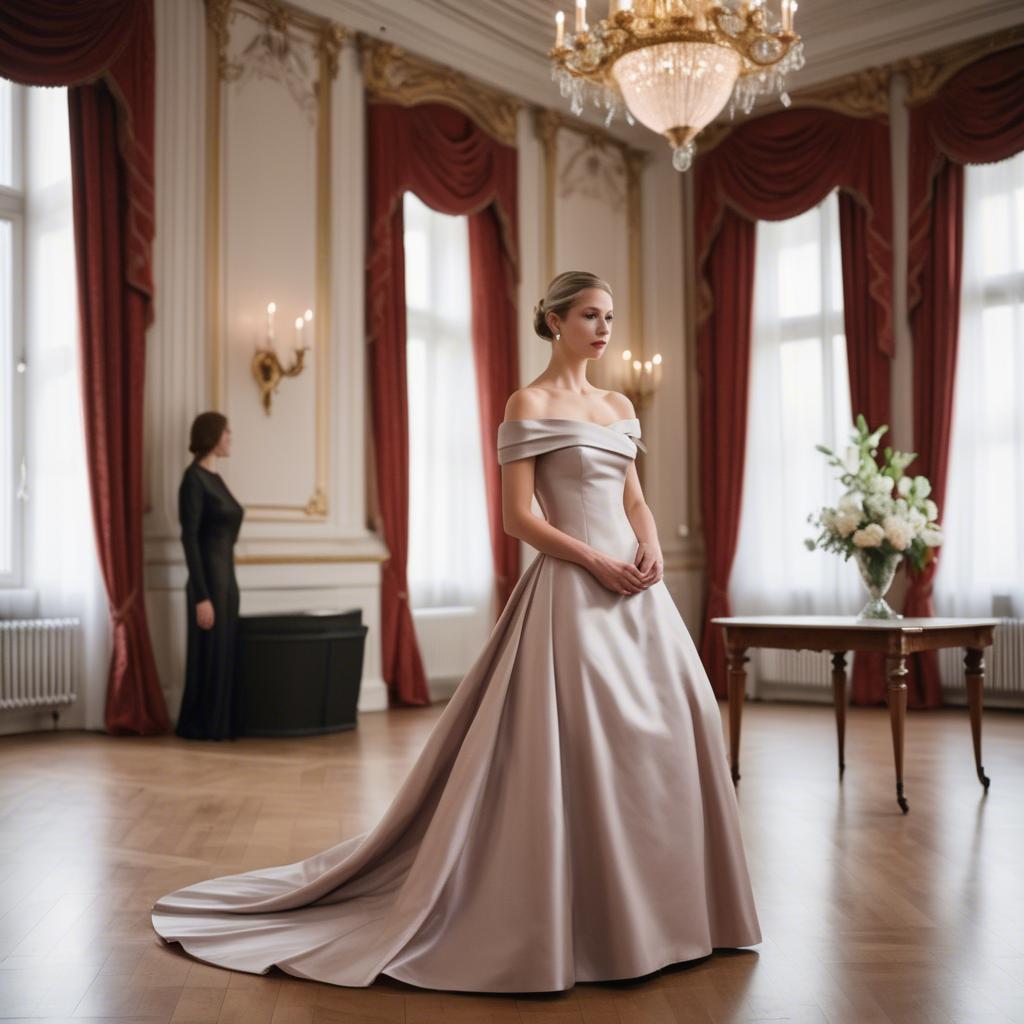 A stunning image of austrian elegance in a grand ballroom donning a sophisticated off-the-shoulder dress.