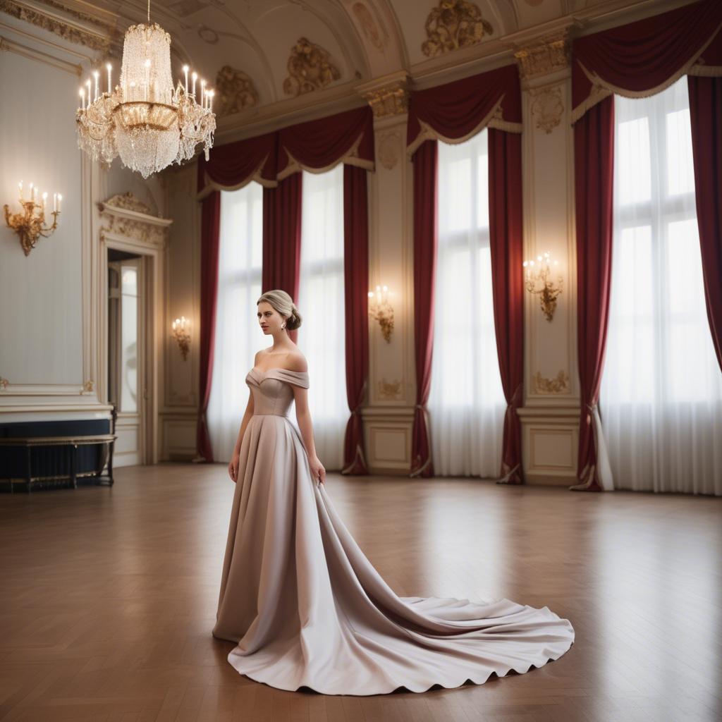 A stunning image of austrian elegance in a grand ballroom donning a sophisticated off-the-shoulder dress.