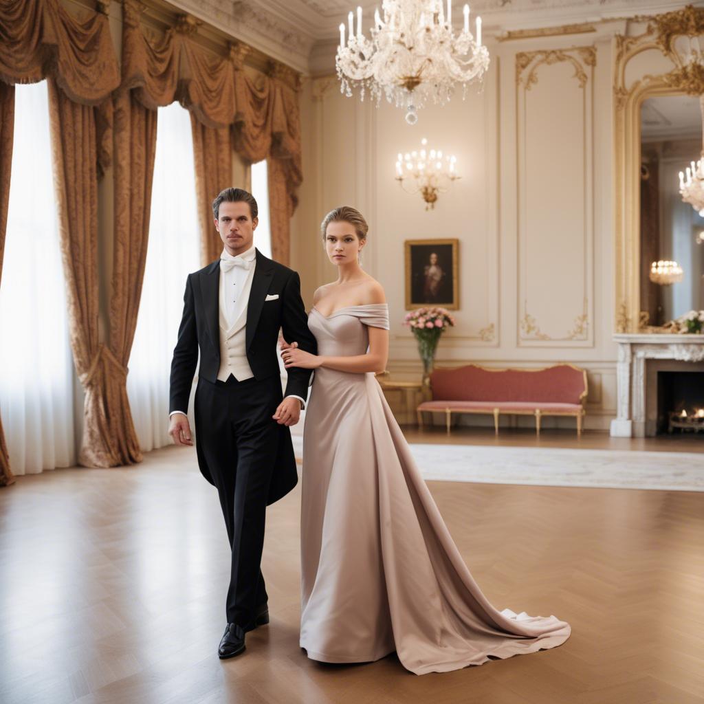 A stunning image of austrian elegance in a grand ballroom donning a sophisticated off-the-shoulder dress.