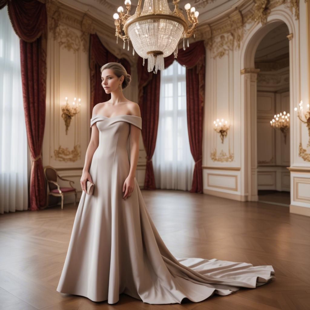 A stunning image of austrian elegance in a grand ballroom donning a sophisticated off-the-shoulder dress.