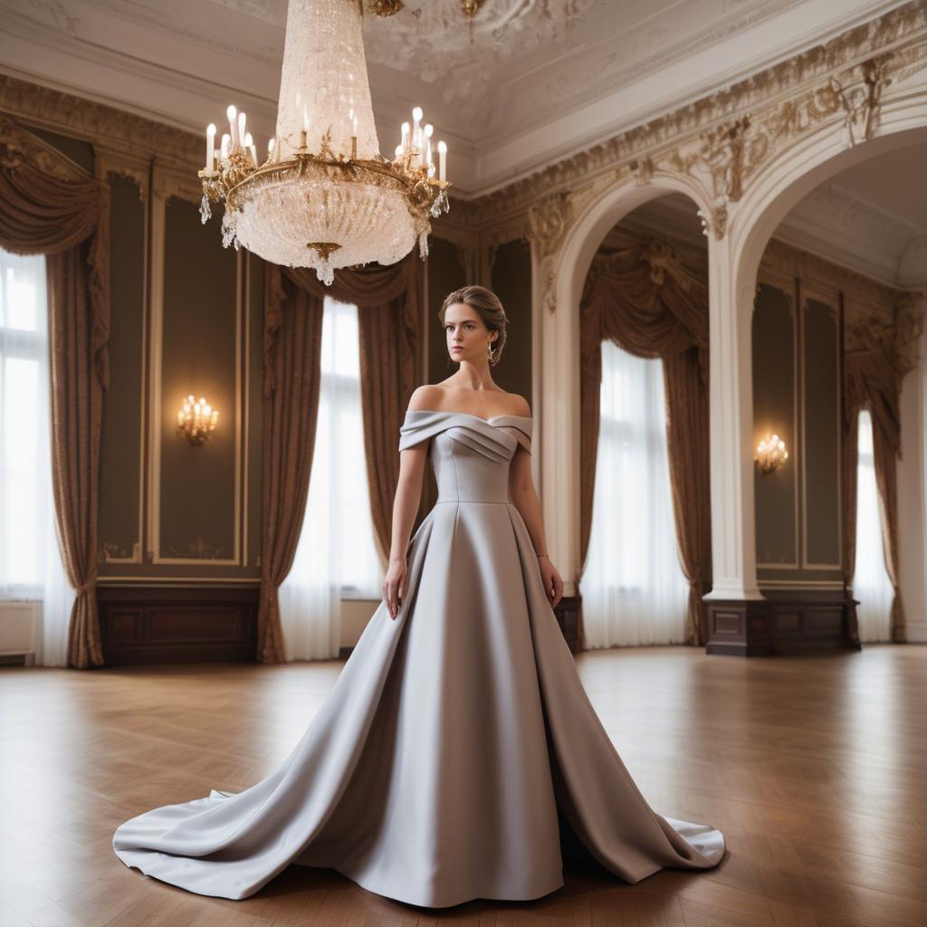 A stunning image of austrian elegance in a grand ballroom donning a sophisticated off-the-shoulder dress.