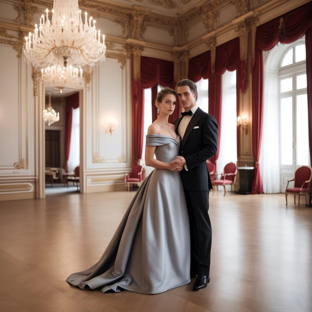 A stunning image of austrian elegance in a grand ballroom donning a sophisticated off-the-shoulder dress.