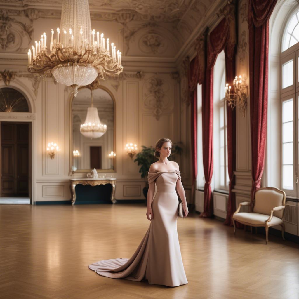 A stunning image of austrian elegance in a grand ballroom donning a sophisticated off-the-shoulder dress.