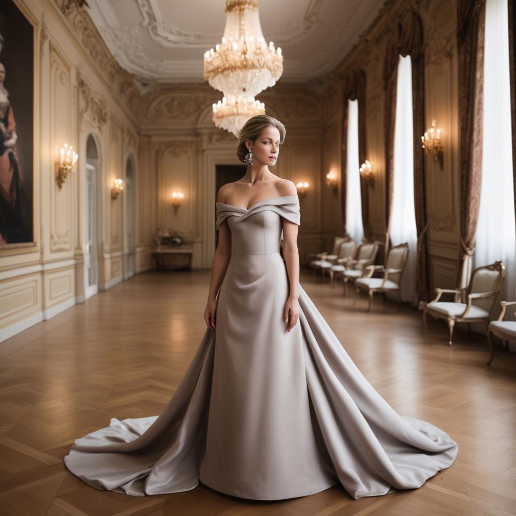 A stunning image of austrian elegance in a grand ballroom donning a sophisticated off-the-shoulder dress.