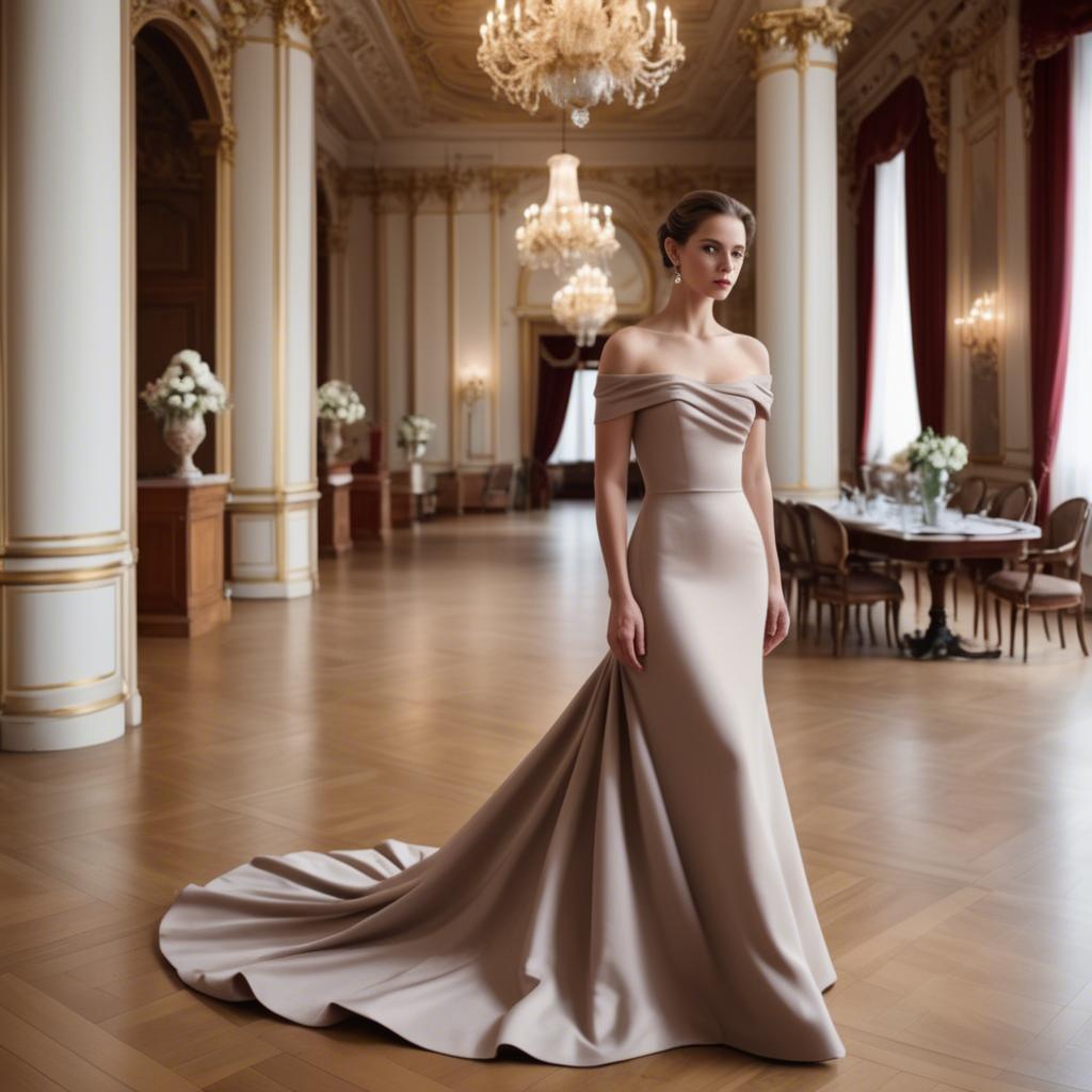 A stunning image of austrian elegance in a grand ballroom donning a sophisticated off-the-shoulder dress.
