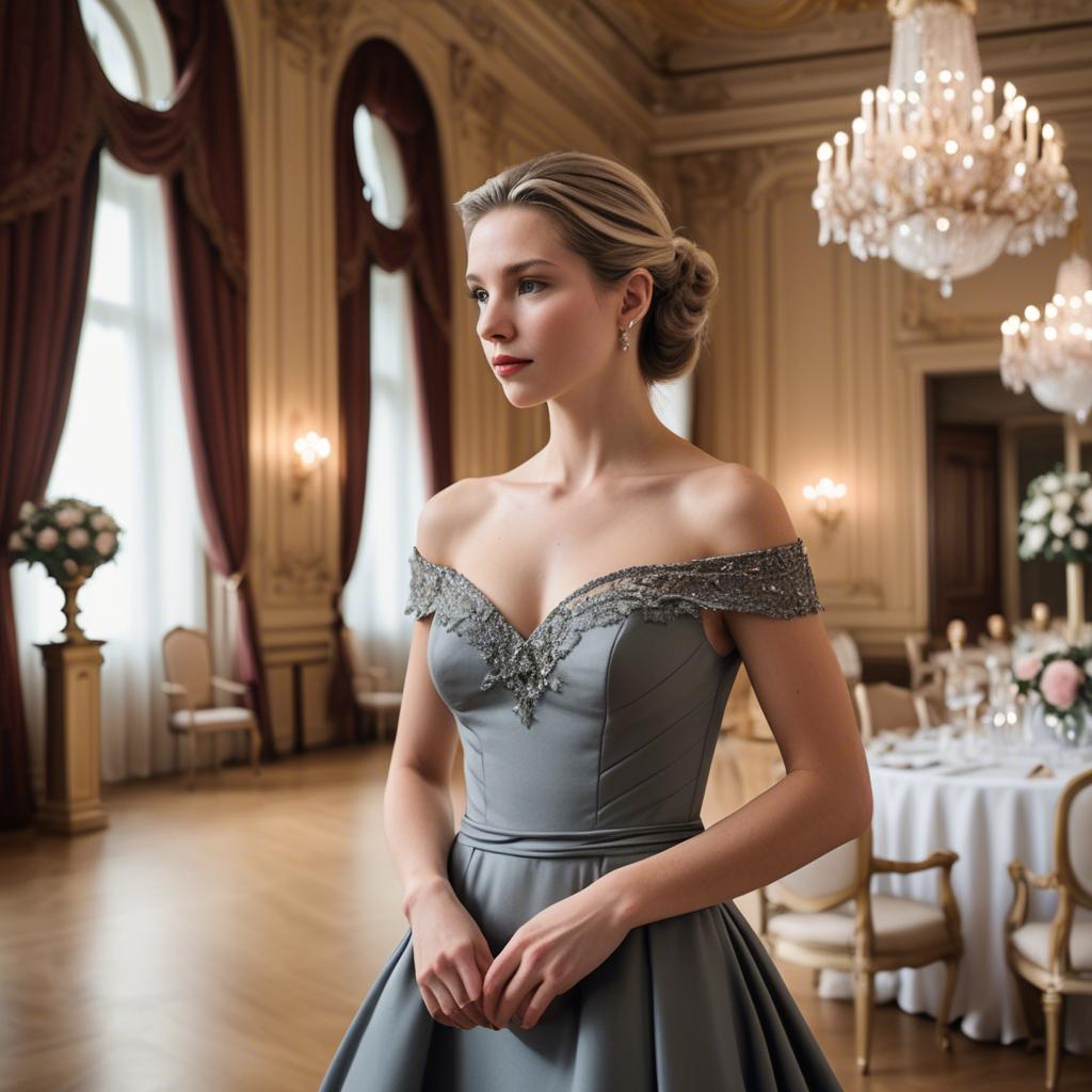 A stunning image of austrian elegance in a grand ballroom donning a sophisticated off-the-shoulder dress.