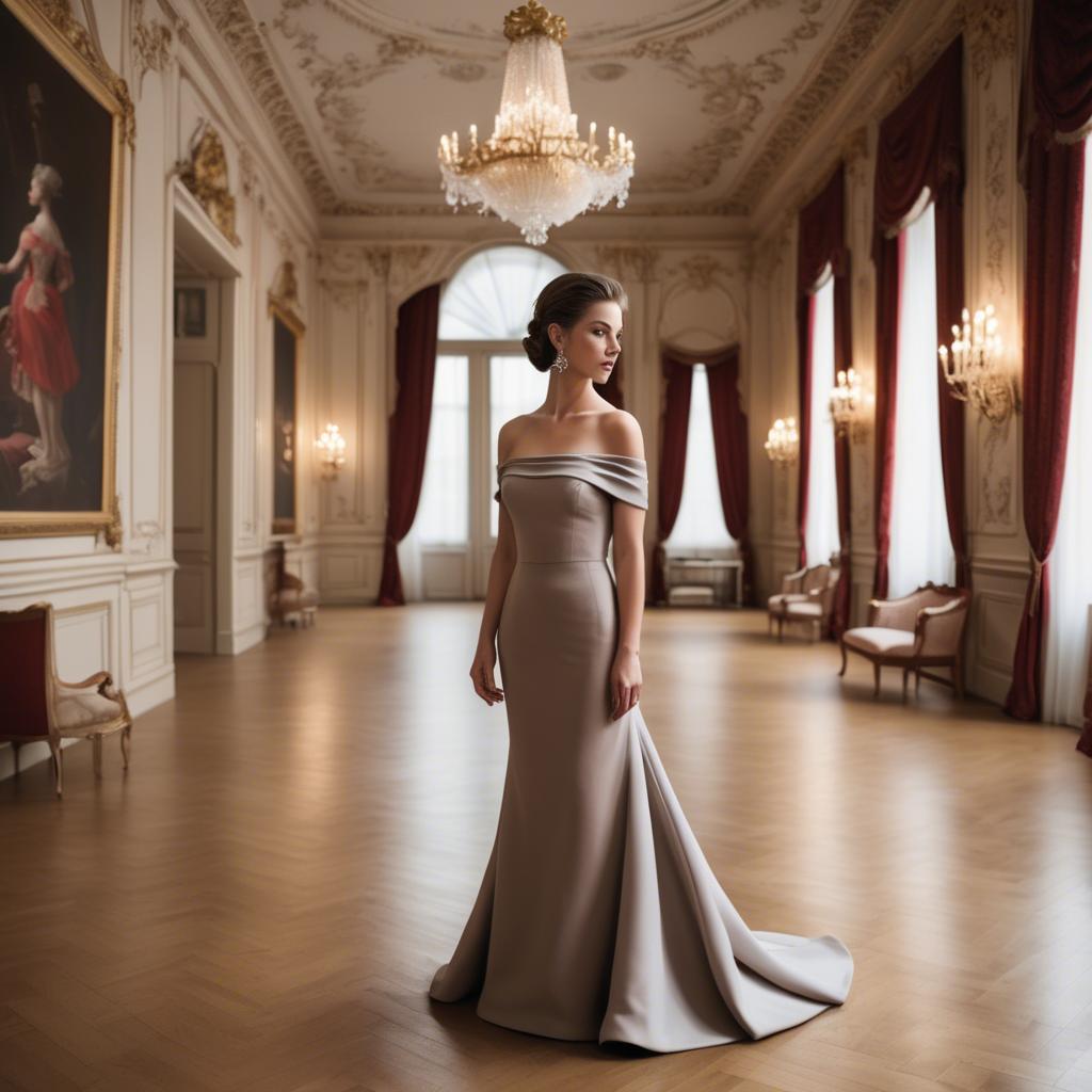A stunning image of austrian elegance in a grand ballroom donning a sophisticated off-the-shoulder dress.
