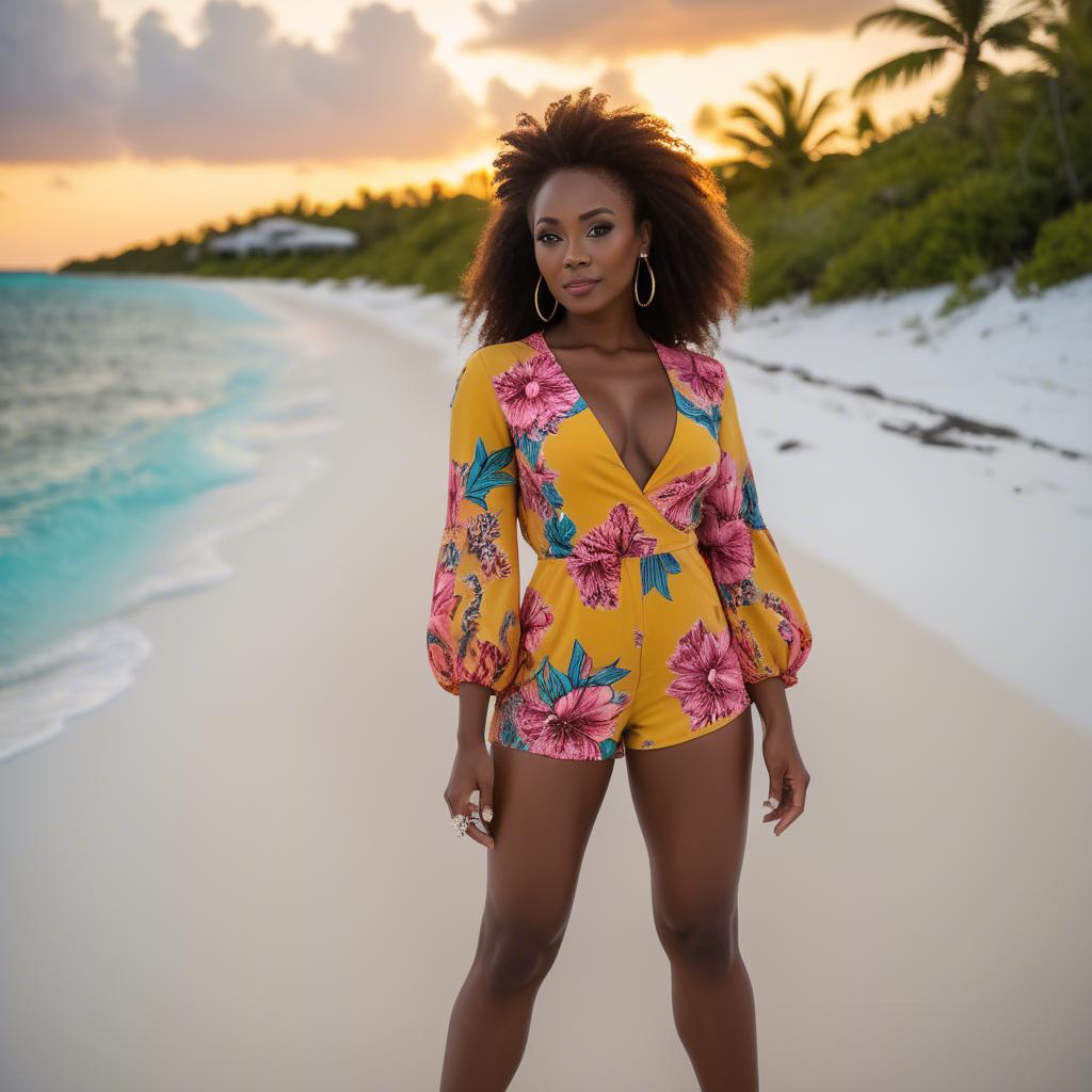 A stunning image of bahamian bombshell showcasing a vibrant floral romper softly illuminated by sunset glow.