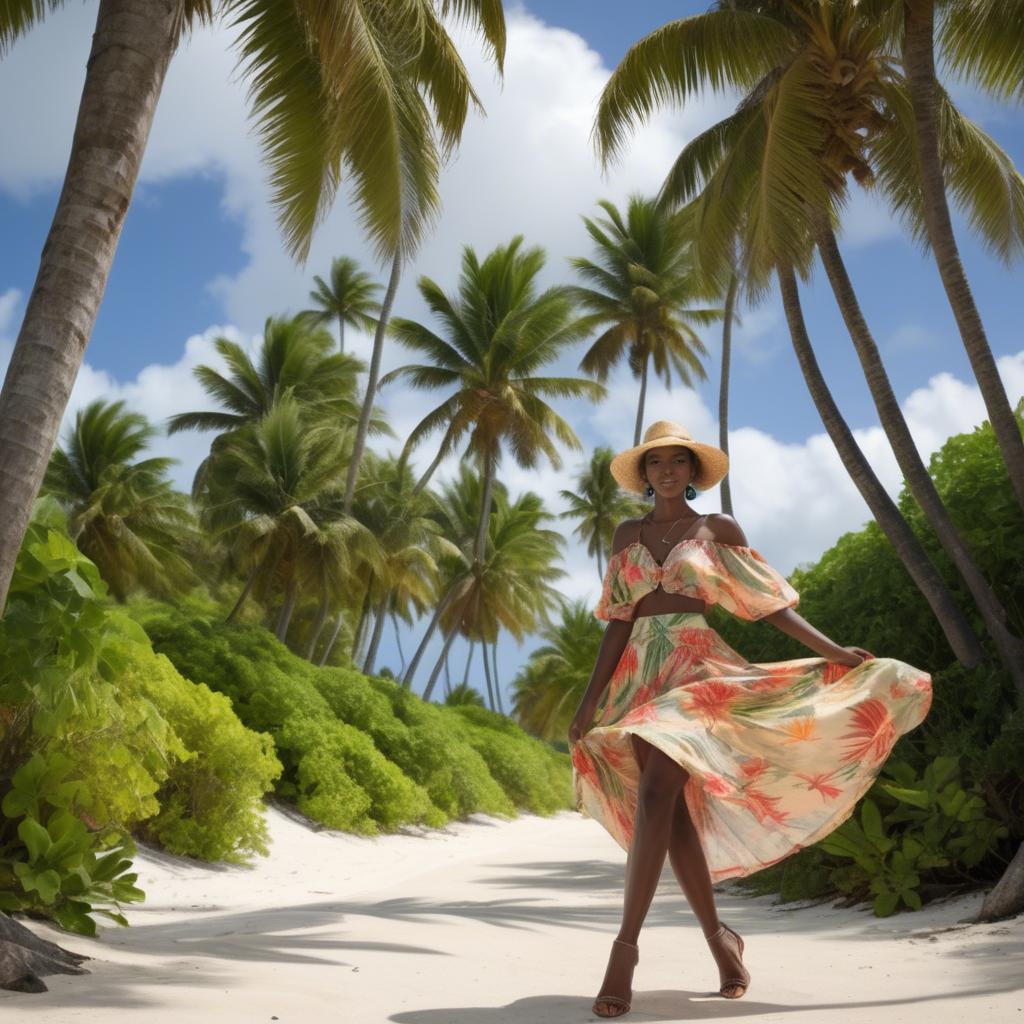 A stunning image of barbadian charm radiating through a breezy tropical skirt under gently swaying palm trees.