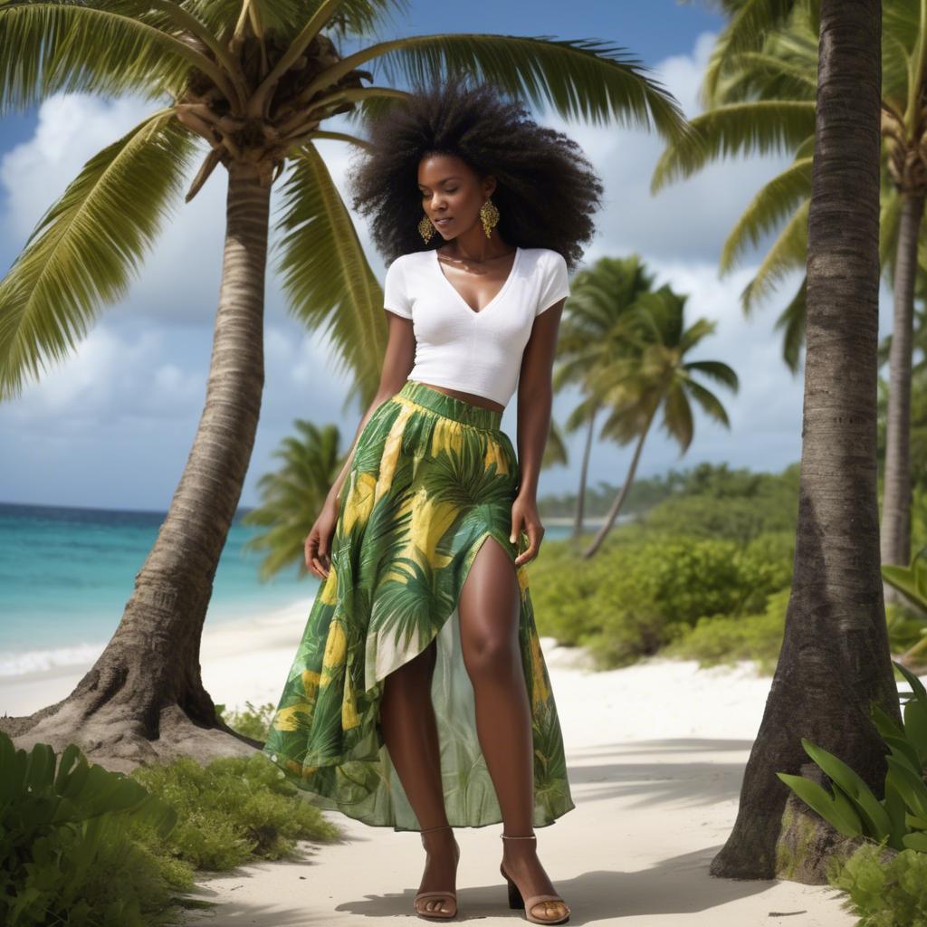 A stunning image of barbadian charm radiating through a breezy tropical skirt under gently swaying palm trees.
