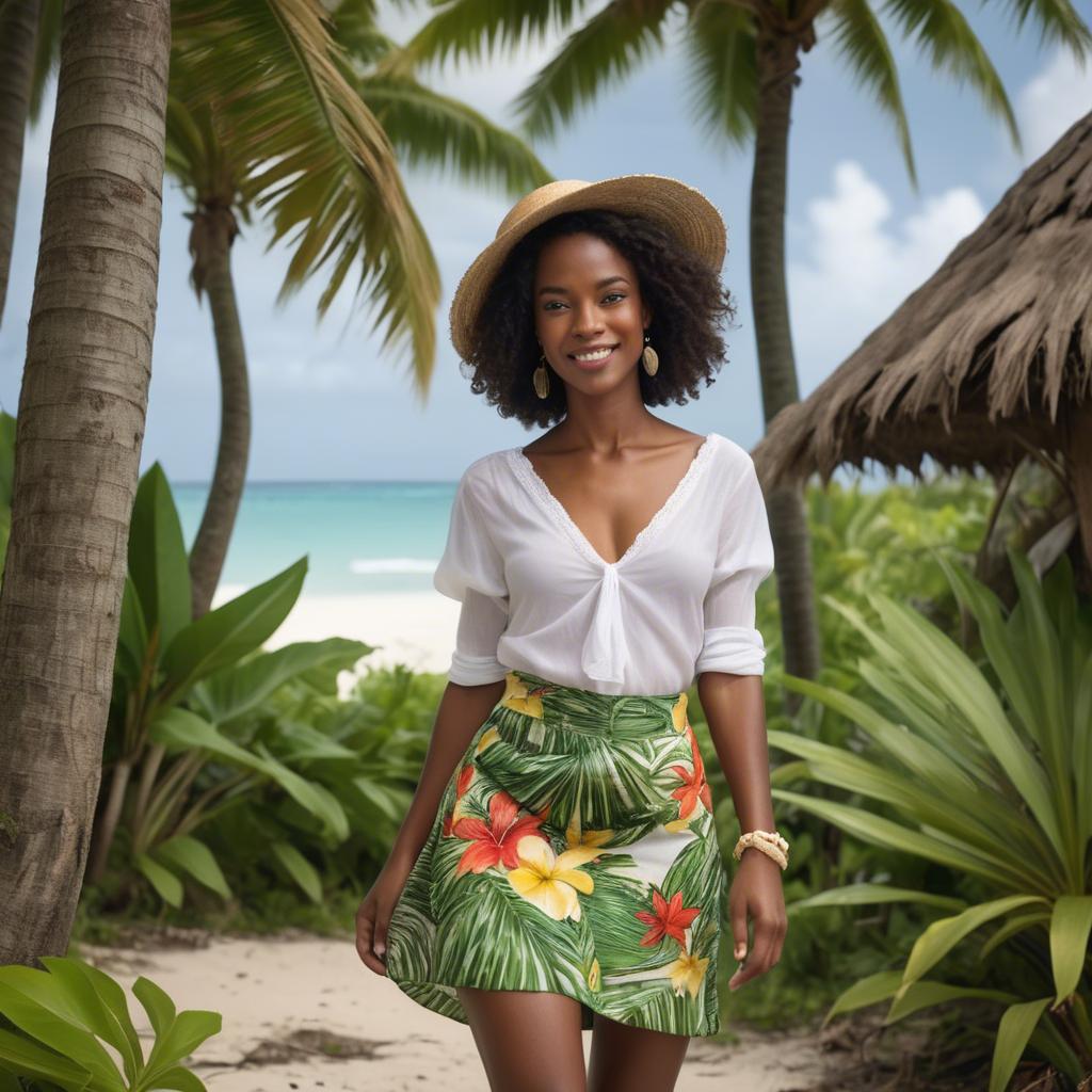 A stunning image of barbadian charm radiating through a breezy tropical skirt under gently swaying palm trees.