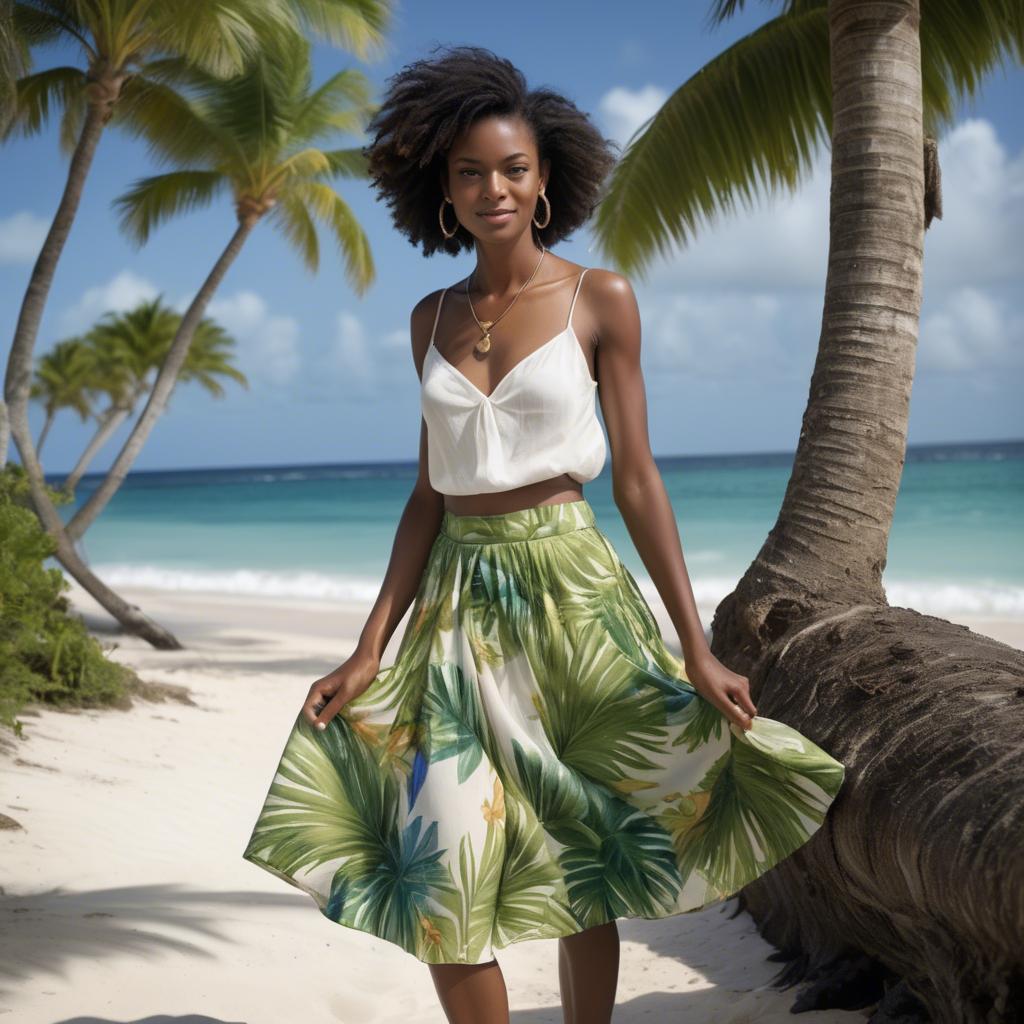 A stunning image of barbadian charm radiating through a breezy tropical skirt under gently swaying palm trees.