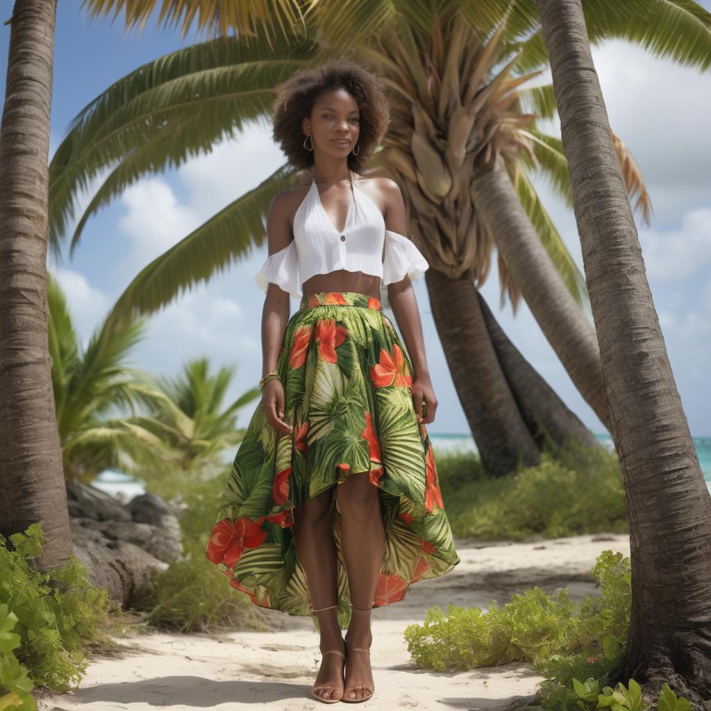 A stunning image of barbadian charm radiating through a breezy tropical skirt under gently swaying palm trees.