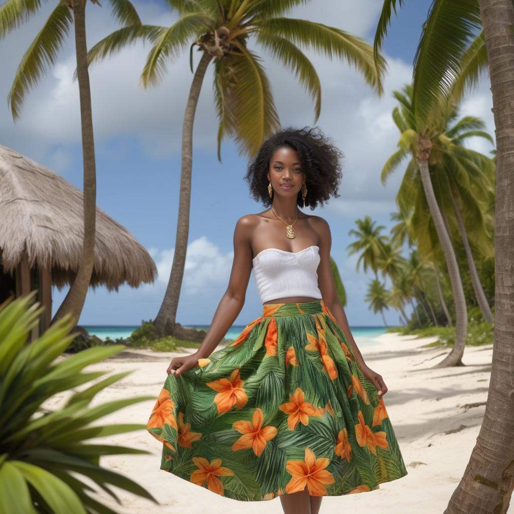 A stunning image of barbadian charm radiating through a breezy tropical skirt under gently swaying palm trees.