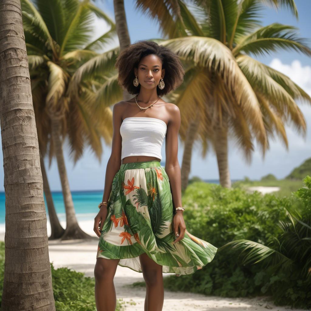 A stunning image of barbadian charm radiating through a breezy tropical skirt under gently swaying palm trees.