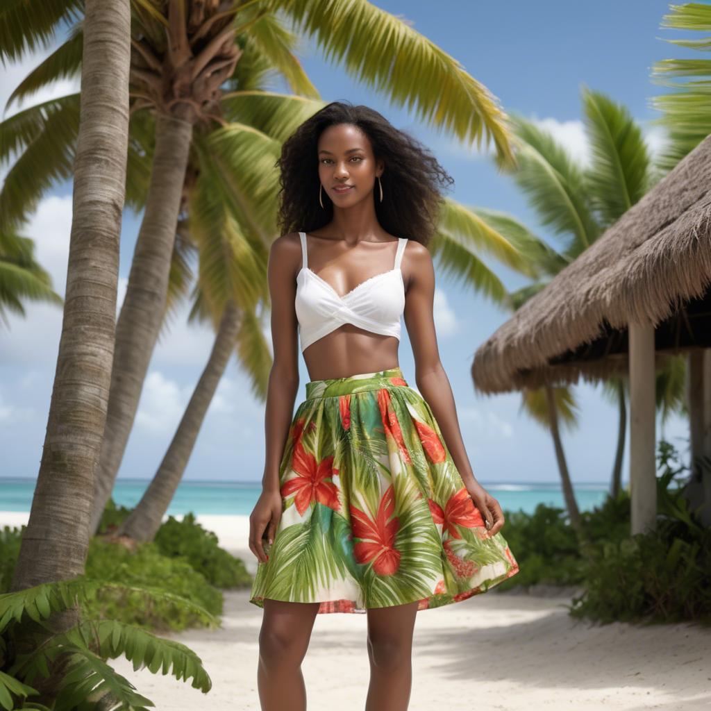A stunning image of barbadian charm radiating through a breezy tropical skirt under gently swaying palm trees.