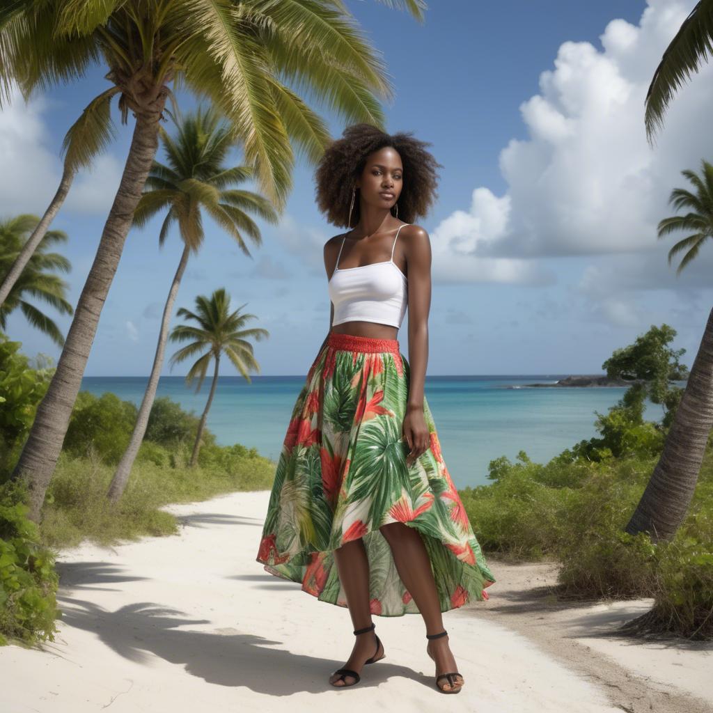 A stunning image of barbadian charm radiating through a breezy tropical skirt under gently swaying palm trees.