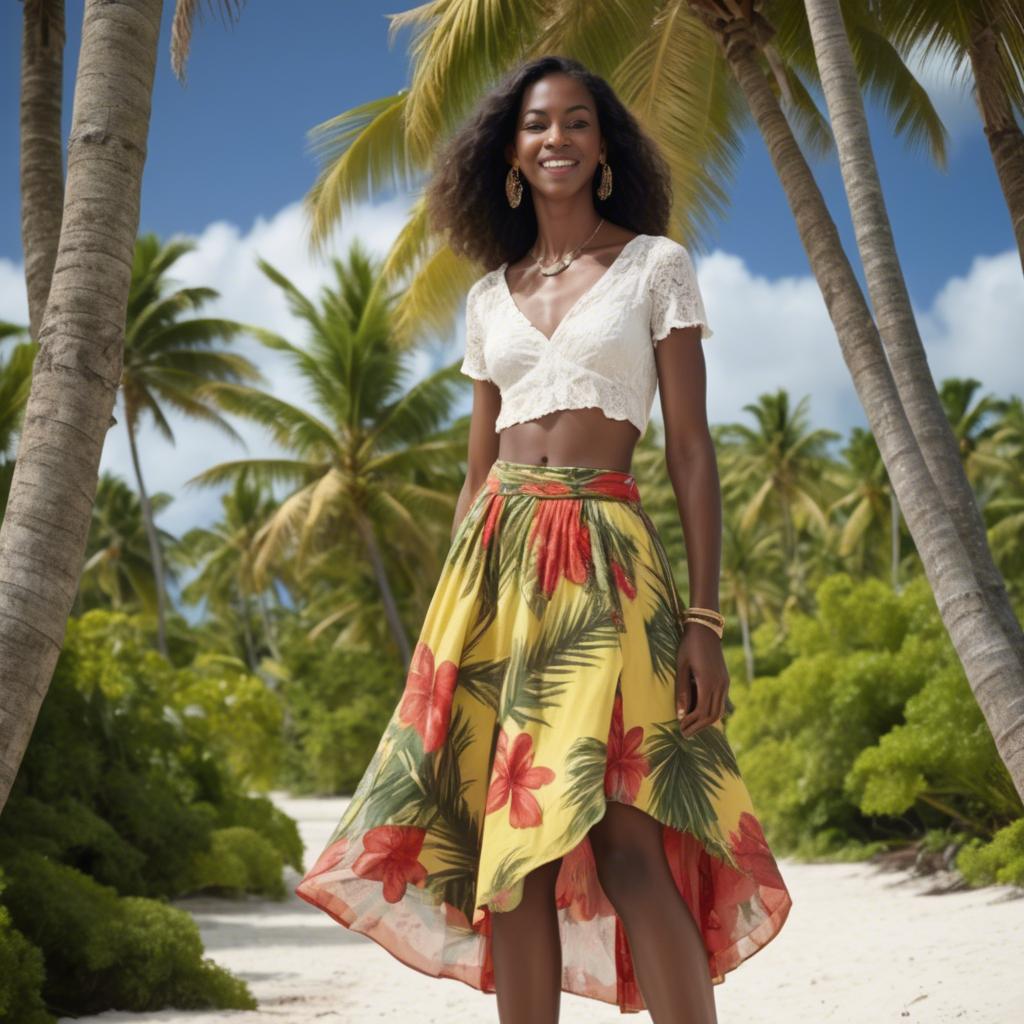 A stunning image of barbadian charm radiating through a breezy tropical skirt under gently swaying palm trees.