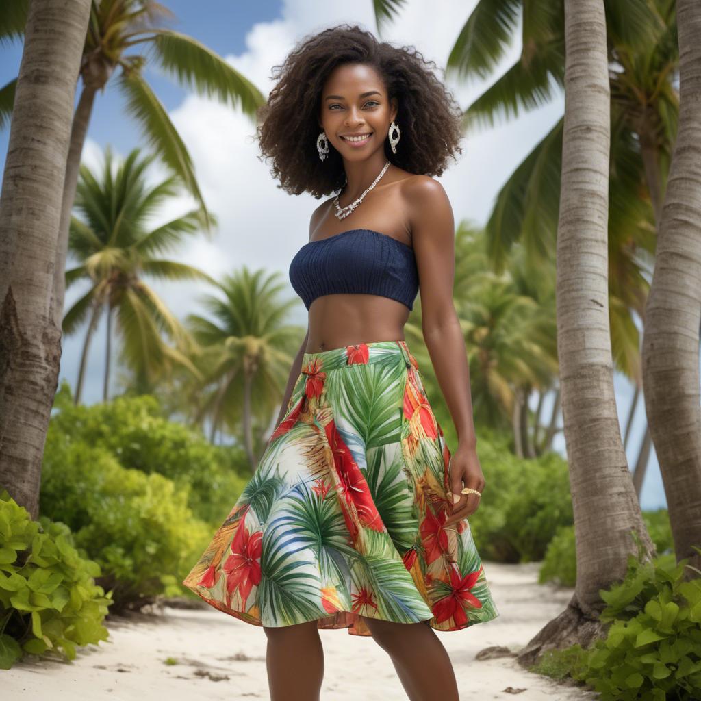 A stunning image of barbadian charm radiating through a breezy tropical skirt under gently swaying palm trees.