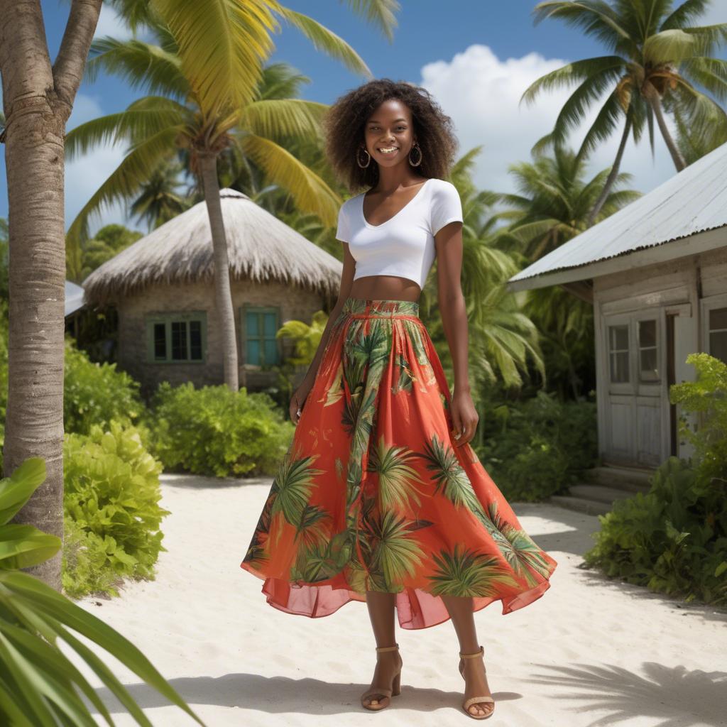 A stunning image of barbadian charm radiating through a breezy tropical skirt under gently swaying palm trees.