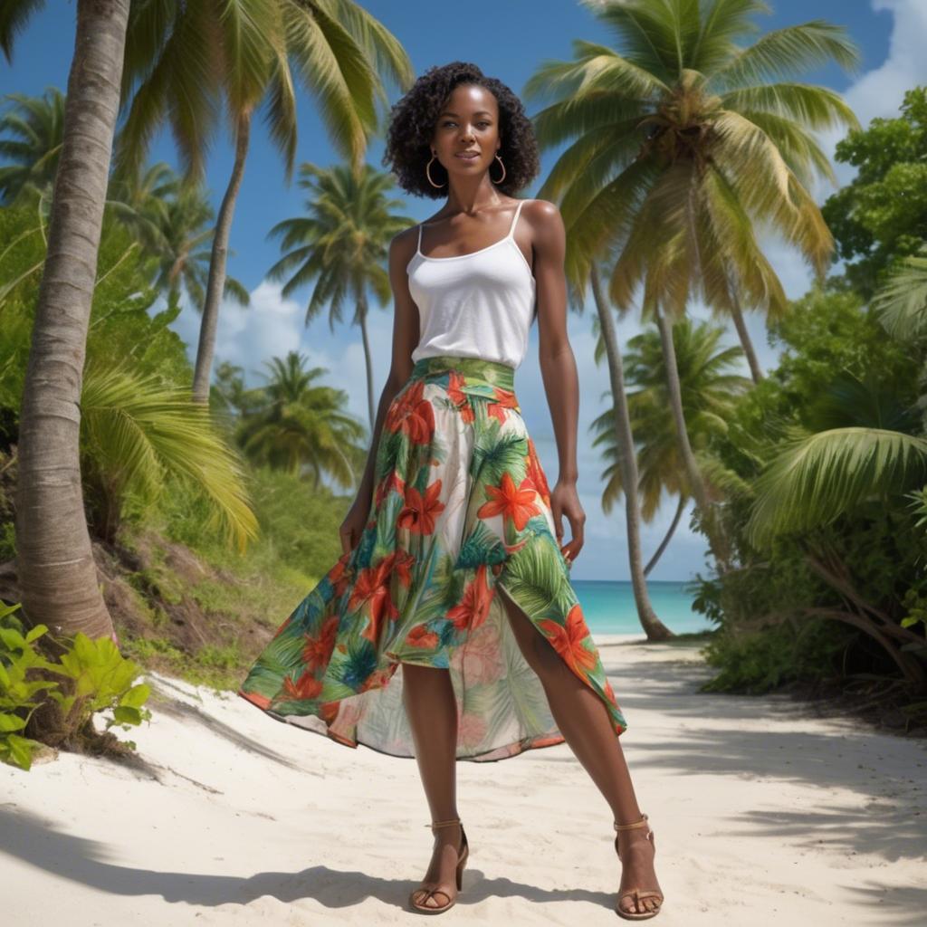 A stunning image of barbadian charm radiating through a breezy tropical skirt under gently swaying palm trees.