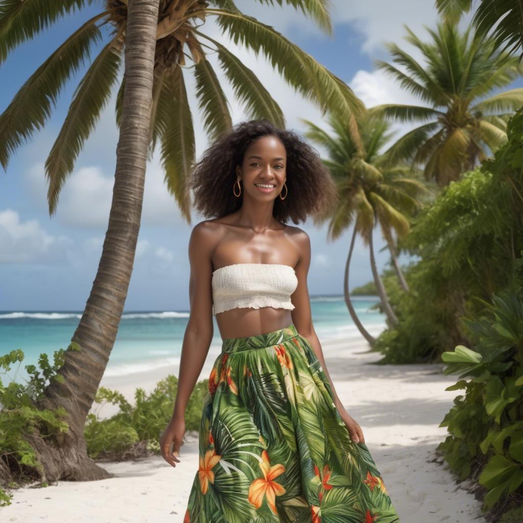 A stunning image of barbadian charm radiating through a breezy tropical skirt under gently swaying palm trees.