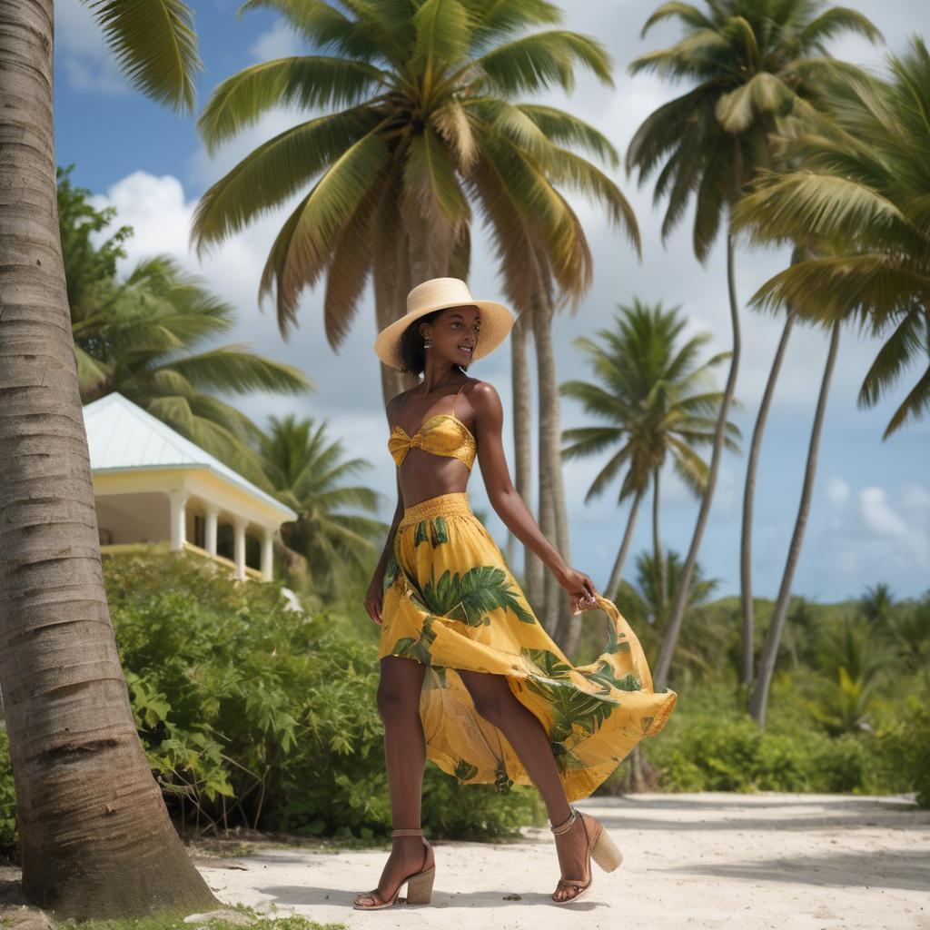 A stunning image of barbadian charm radiating through a breezy tropical skirt under gently swaying palm trees.