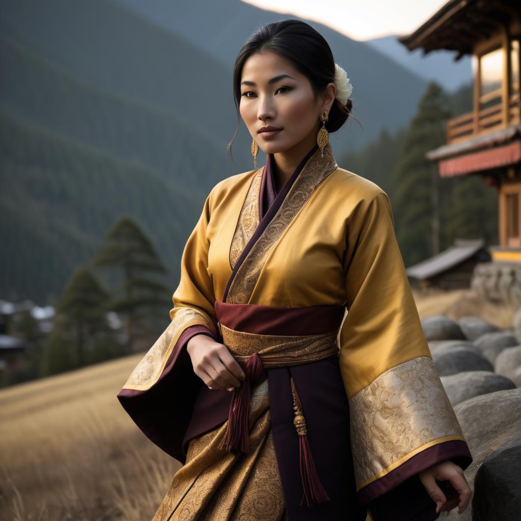 A stunning image of bhutanese allure wearing a refined kira-inspired ensemble lit by golden sunrise.