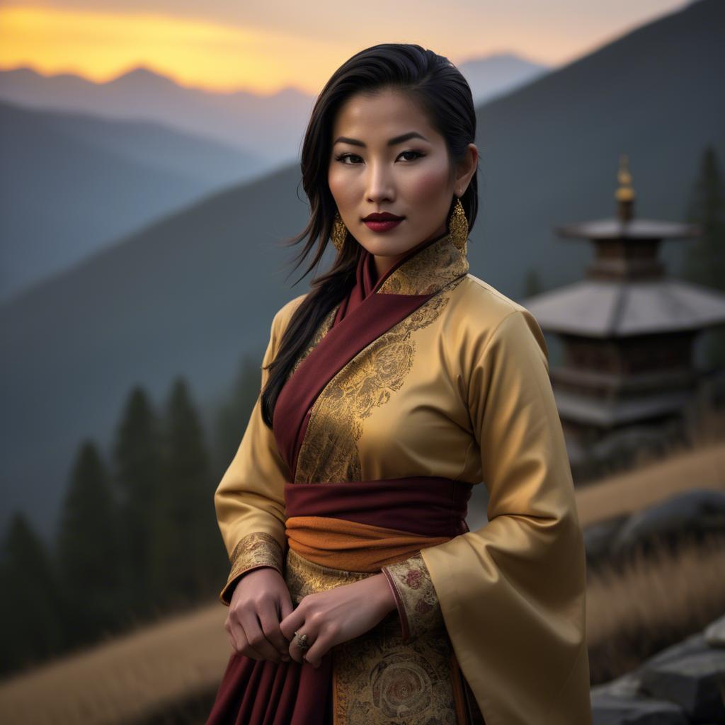 A stunning image of bhutanese allure wearing a refined kira-inspired ensemble lit by golden sunrise.