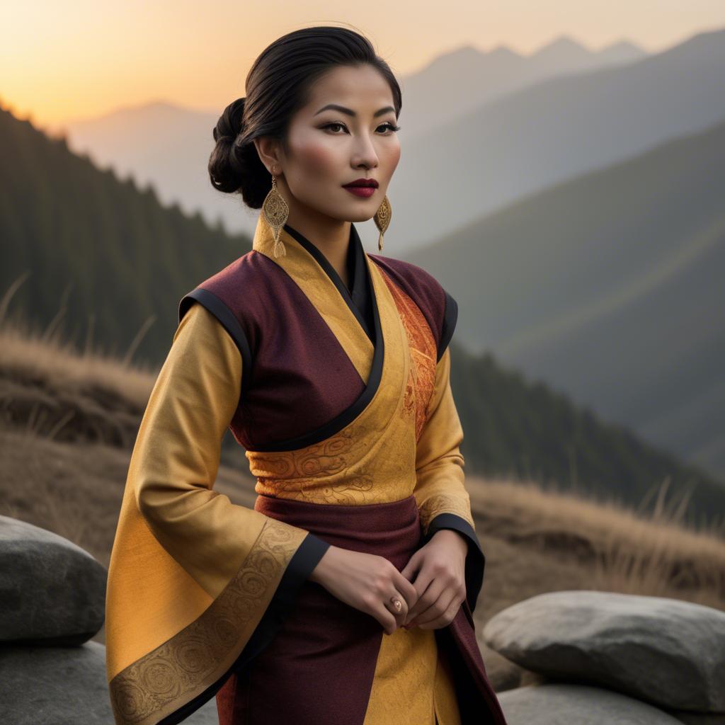 A stunning image of bhutanese allure wearing a refined kira-inspired ensemble lit by golden sunrise.