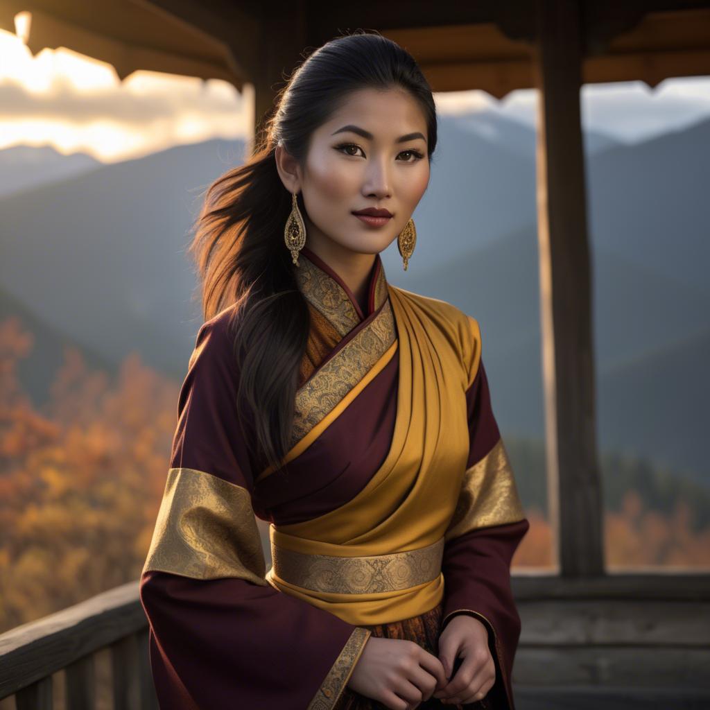 A stunning image of bhutanese allure wearing a refined kira-inspired ensemble lit by golden sunrise.