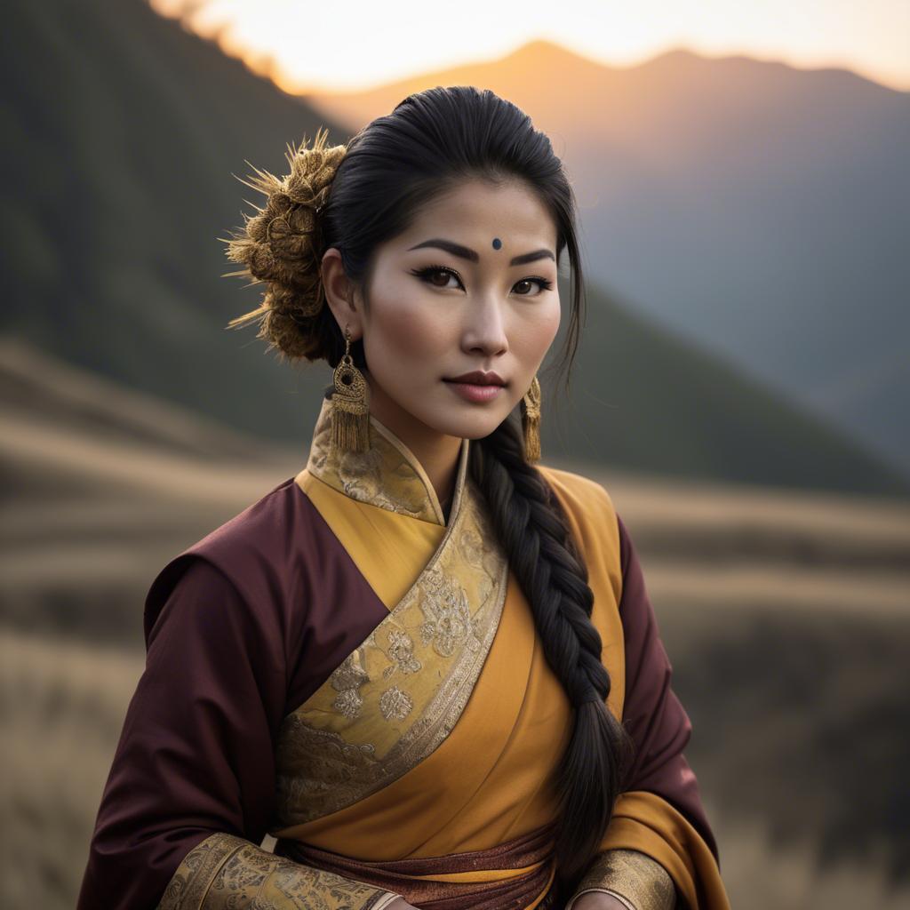 A stunning image of bhutanese allure wearing a refined kira-inspired ensemble lit by golden sunrise.