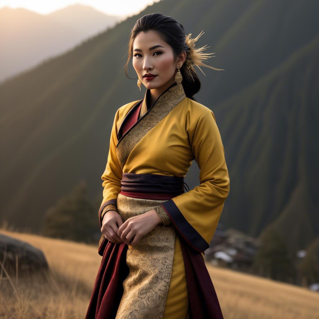 A stunning image of bhutanese allure wearing a refined kira-inspired ensemble lit by golden sunrise.