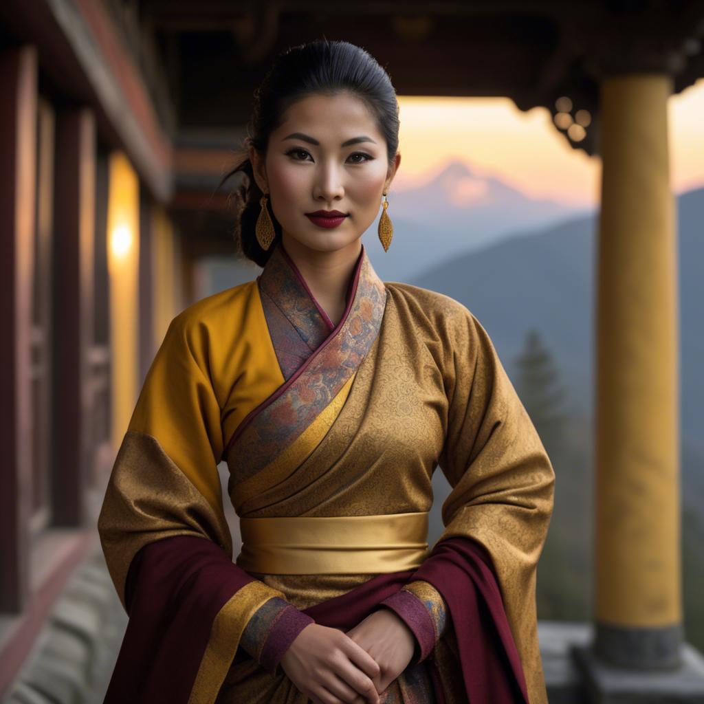 A stunning image of bhutanese allure wearing a refined kira-inspired ensemble lit by golden sunrise.