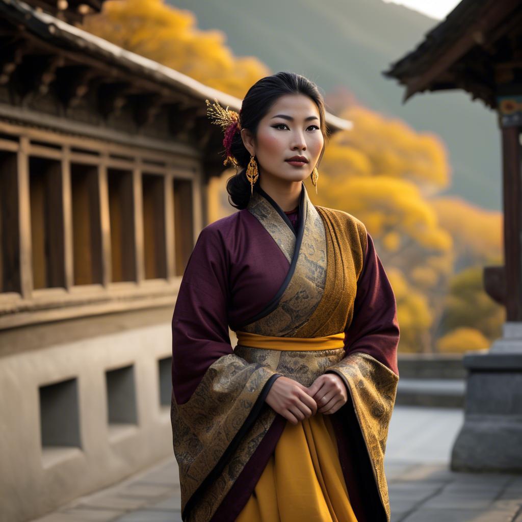 A stunning image of bhutanese allure wearing a refined kira-inspired ensemble lit by golden sunrise.