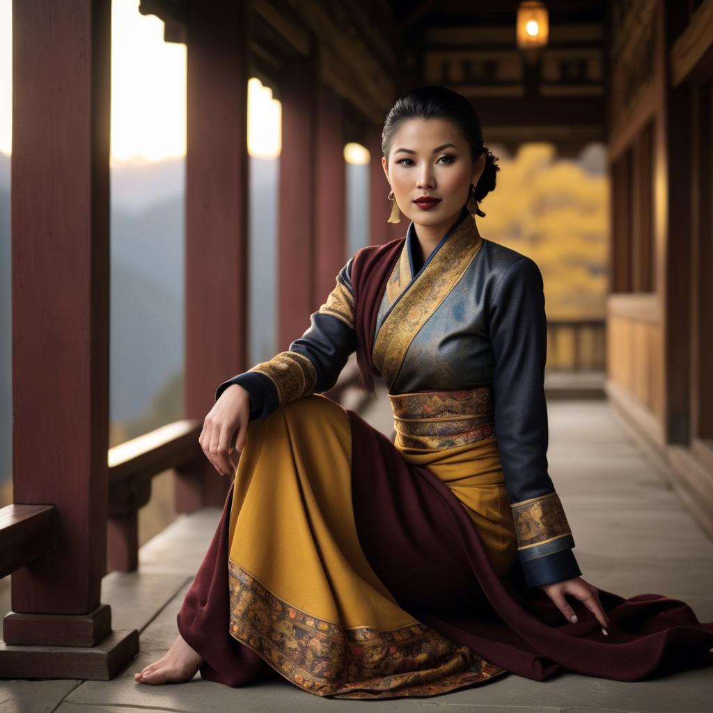 A stunning image of bhutanese allure wearing a refined kira-inspired ensemble lit by golden sunrise.