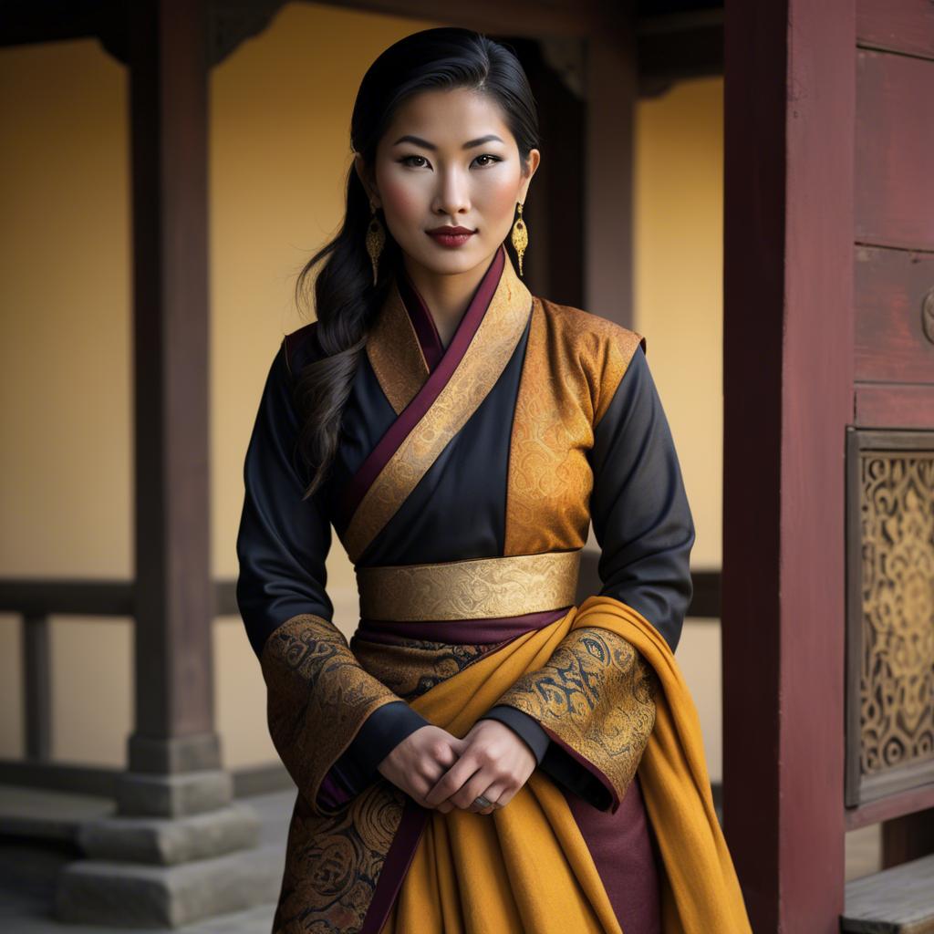 A stunning image of bhutanese allure wearing a refined kira-inspired ensemble lit by golden sunrise.