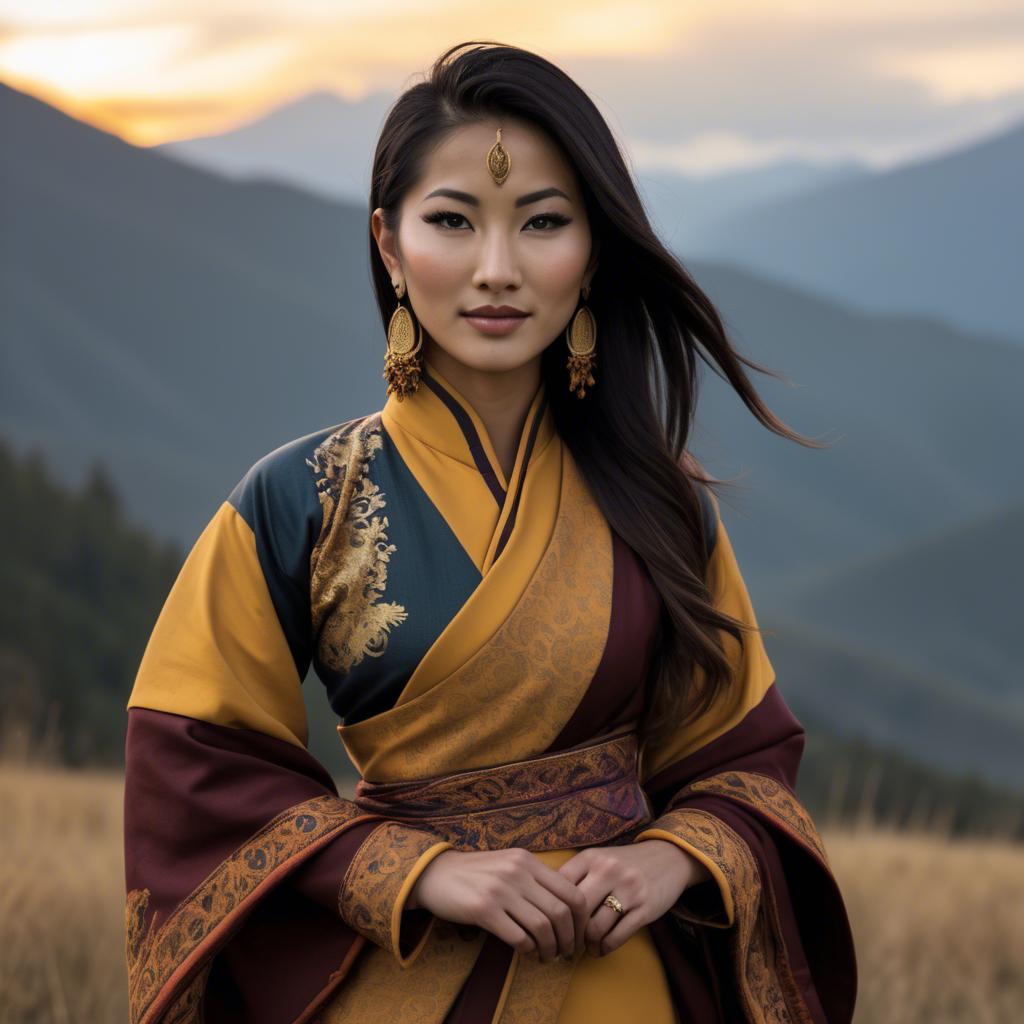 A stunning image of bhutanese allure wearing a refined kira-inspired ensemble lit by golden sunrise.