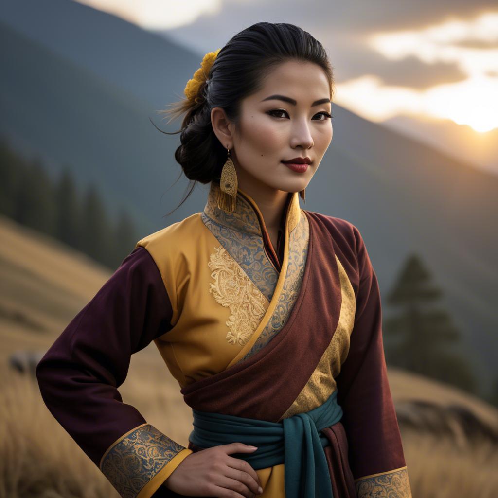 A stunning image of bhutanese allure wearing a refined kira-inspired ensemble lit by golden sunrise.